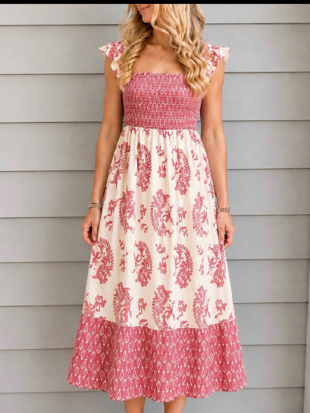 Umgee Pink and Cream Paisley Smocked Midi Dress